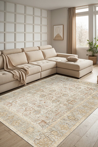 Depoba Nalera Vintage Şönil Doğal Pamuk Tabanlı Salon Halısı Kaymaz Yıkanabil...