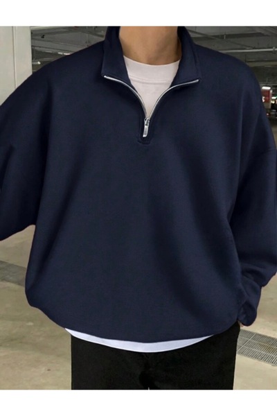 DEZZİİ Navy Blue High Collar Half Zipper Plain Pullover Sweatshirt