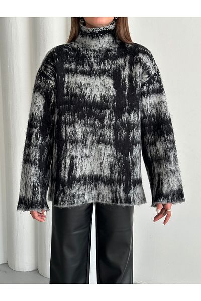 Laluvia Grau - Schwarzer Stehkragen Pullover - 4677
