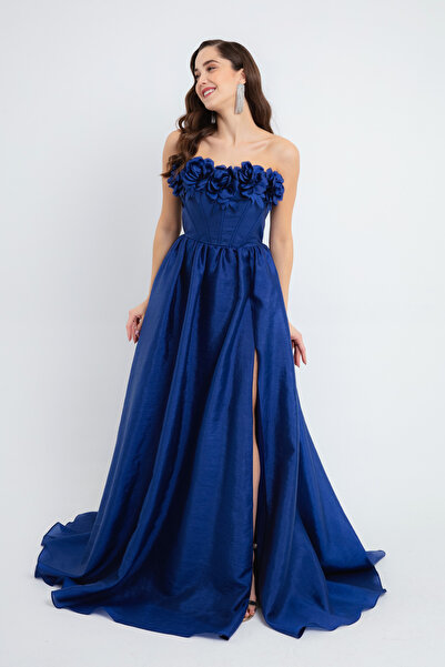 Lafaba Női sötétkék nyakú rózsa részletekkel, hasított hosszú estélyi ruha