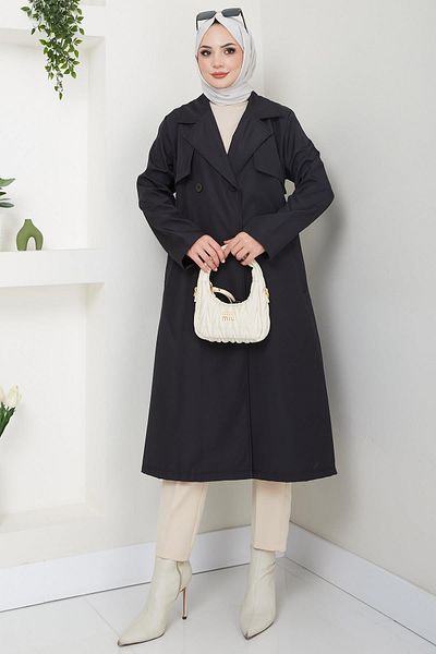 hafsamina Black Plus Size Trench Coat - Hm2637