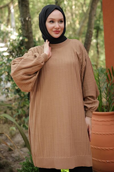 hafsamina Camel Balloon Sleeve Knitwear Tunic - Hm2519