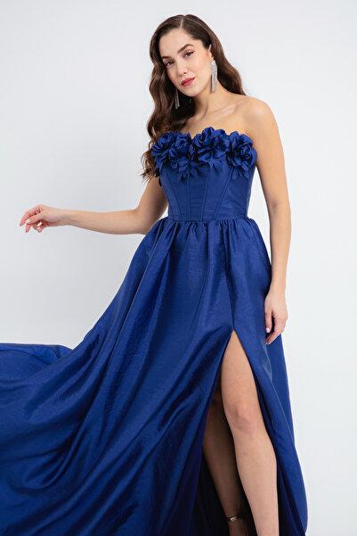 Lafaba Női sötétkék nyakú rózsa részletekkel, hasított hosszú estélyi ruha