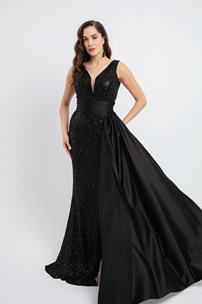 Lafaba Dámské dlouhé večerní flitrové šaty s černým pasem