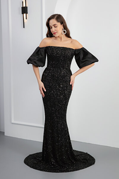 Lafaba Dámské černé večerní šaty bez ramínek s dlouhými flitry s rybími flitry