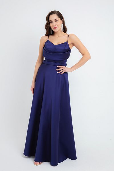 Lafaba Women's Navy Blue Strap Midi Satin Evening Dress