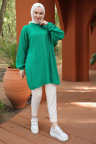 hafsamina Green Balloon Sleeve Knitwear Tunic - Hm2519