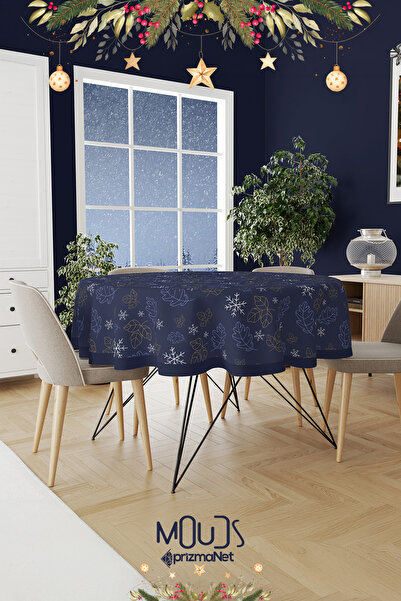 Moud's Navy Blue White Snowflakes Χριστουγεννιάτικο μοτίβο στρογγυλό τραπεζομ...