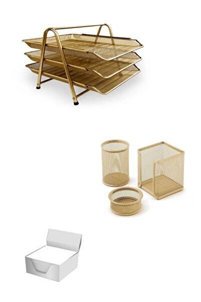 Mas Metal Ofis Seti Gold (3'LÜ EVRAK RAFI,KALEMLİK,ATAŞLIK) Mavii Kırtasiye