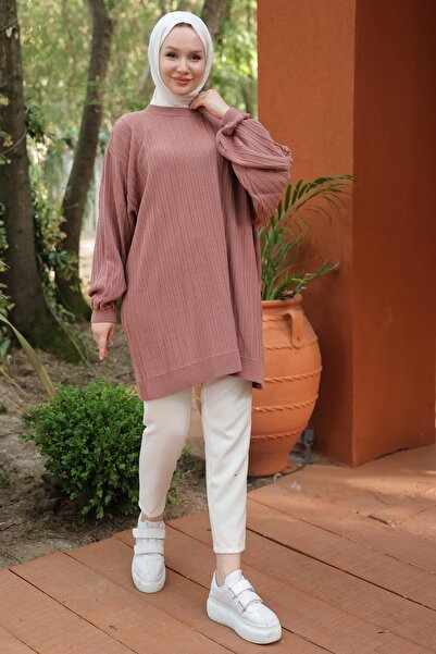 hafsamina Dusty Rose Balloon Sleeve Knitwear Tunic - Hm2519