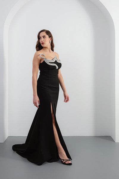 Lafaba Rochie de seară lungă cu fantă de piatră neagră pentru femei