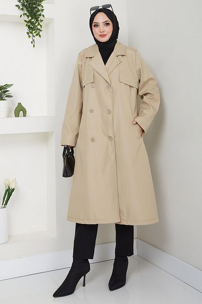 hafsamina Μπεζ Μεγάλο Μέγεθος Trench Coat - HM2637