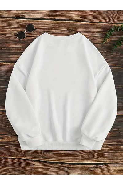 PALPİTO Women's White Light Star Printed Crew Neck Oversize Sweatshirt