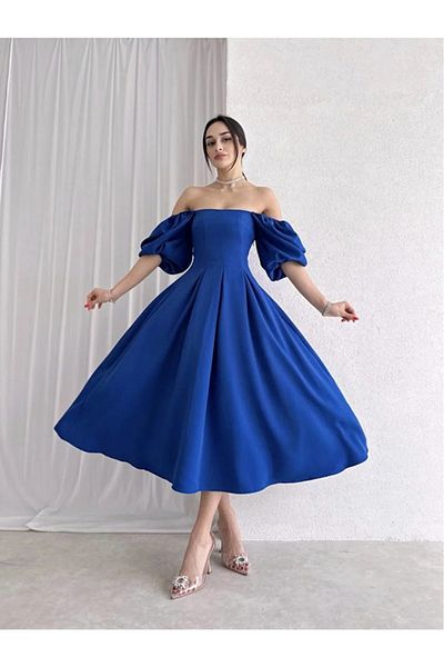 Daem Butik Rochie de seară neagră, cu guler fără bretele, plisată, cu croială evazată, lungime midi, cu mânecă balon scurtă