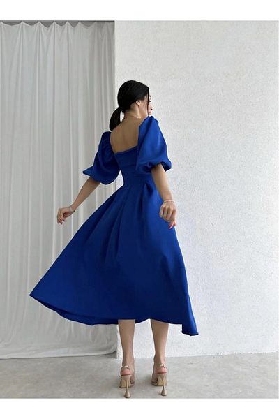 Daem Butik Rochie de seară neagră, cu guler fără bretele, plisată, cu croială evazată, lungime midi, cu mânecă balon scurtă