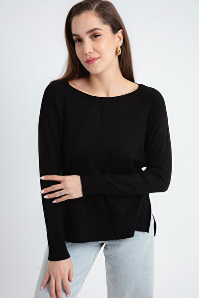 Lafaba Women's Black Boat Neck Sweater with Side Slits