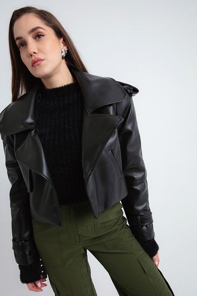 Lafaba Women's Black Short Faux Leather Jacket