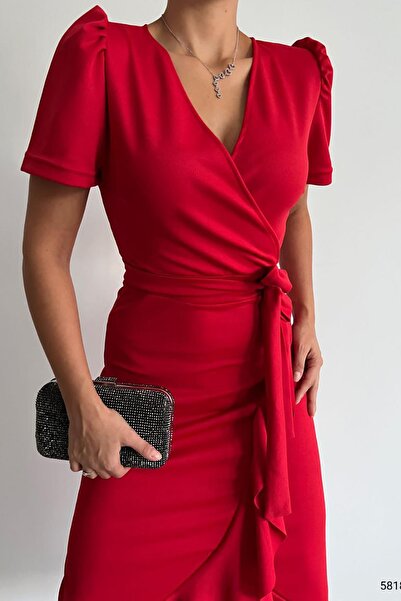 Deafox Red Crepe Fabric rövid ujjú öves Midi ruha