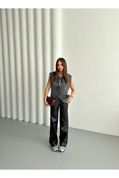 Laluvia Anthracite Front Tie Wool Vest - 4629