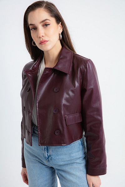 Lafaba Women's Burgundy Buttoned Short Faux Leather Jacket