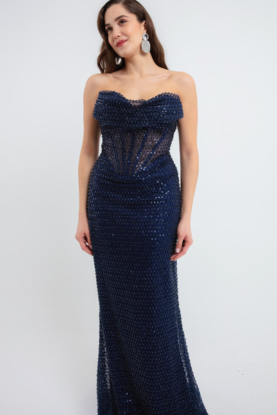 Lafaba Női sötétkék mellszobor, csillogó hosszú estélyi ruha