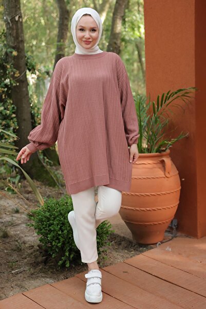 hafsamina Dusty Rose Balloon Sleeve Knitwear Tunic - Hm2519