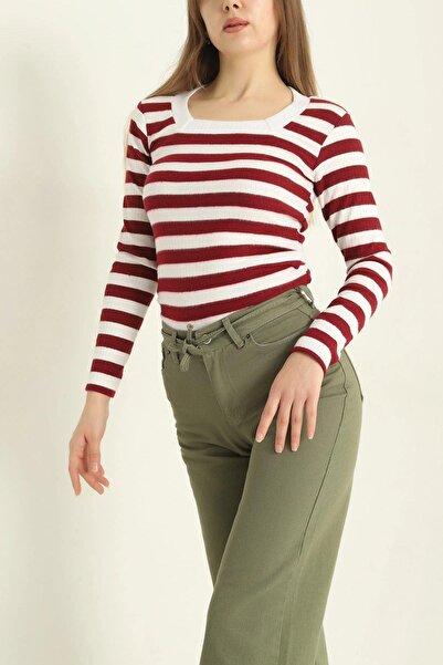 Mossta Square Neck Striped Knitwear Blouse Claret Red