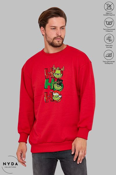 Nyda Collections Унисекс Grinch Hohoho Нова година Коледен щампован суичър с кръгло деколте без качулка