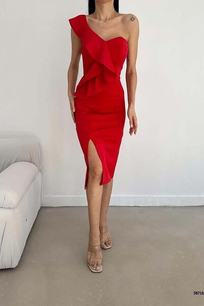 Deafox Červené šaty s potápěčskou tkaninou poskakující a s rozparkem