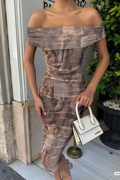 Deafox Μίντι τούλι φόρεμα Madonna Collar Brown - Μικτό σχέδιο