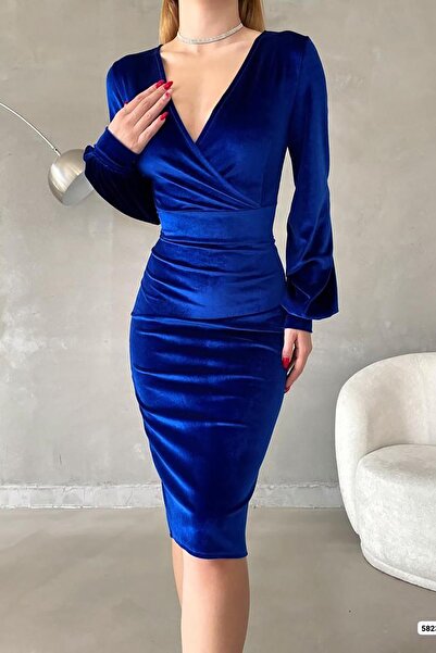 Deafox Šaty z modré sametové látky Saks s dlouhým rukávem a dvojitými řadami