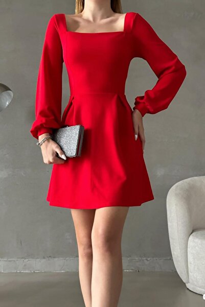 Deafox Piros négyzet galléros hosszú ujjú importált krepp szövet alap ruha