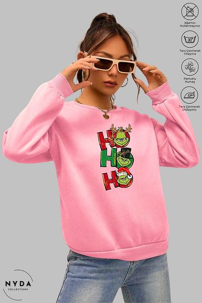 Nyda Collections Unisex Grinch Hohoho Πρωτοχρονιάτικο χριστουγεννιάτικο στάμπα με λαιμόκοψη χωρίς κουκούλα υπερμεγέθη φούτερ