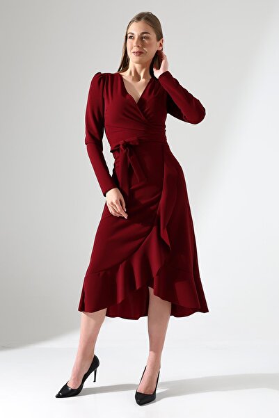 Deafox Rochie midi burgundy - țesătură creponată, mânecă lungă și curea