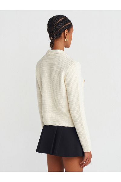 Dilvin 60925 Polo Collar Buttoned Knitwear Cardigan-Ecru