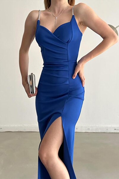 Deafox Modrý potápěčský látkový pásek Stone Detail Slim Strap Večerní šaty s rozparkem