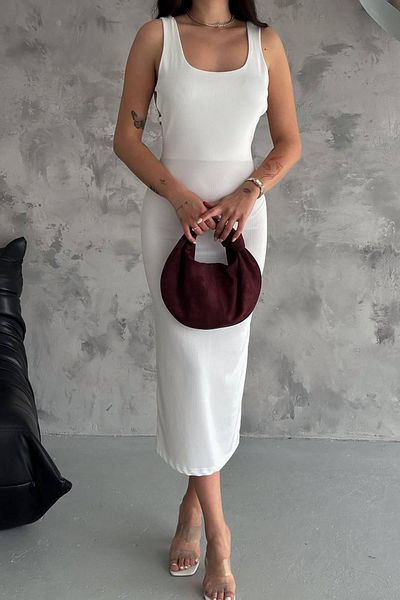 Deafox Φόρεμα Twist Fabric Midi - Λευκό Δαχτυλίδι με λεπτομέρεια