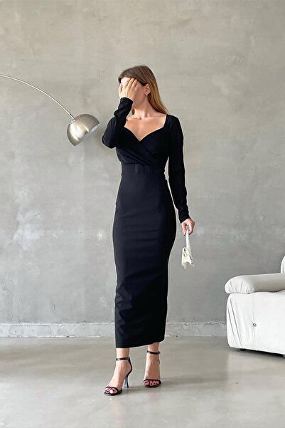 Deafox Černé šaty miláček s výstřihem a dlouhým rukávem