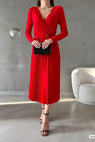 Deafox Roșie Dublu-Sân Guler mânecă lungă țesătură Crepona Rochie lungă Pliata cu Curea