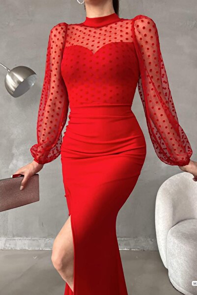 Deafox Red Tulle Detail Long Sleeve Maxi Length Imported Crepe Fabric Slit Dress