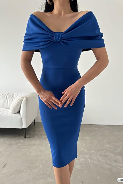 Deafox Midi šaty Scuba Fabric - saxe modrá, detail límečku