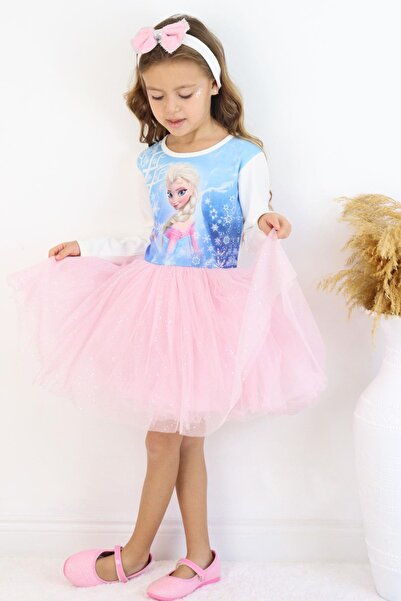 BABELEY GİRLS Babely Kız Çocuk Uzun Kollu Elbise Karlar Kraliçesi Elsa 5-10 Yaş, Mavi