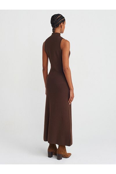 Dilvin 90239 Brown Colored Stand Collar Knitwear Dress - Size M.