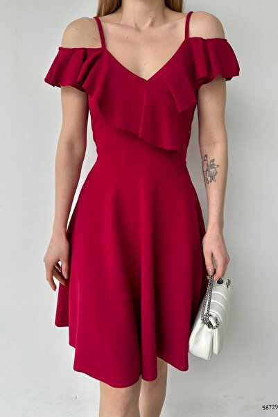 Deafox Rochie burgundă cu umeri cu volan