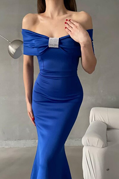 Deafox Saks kék madonna nyakörv kőrészlet maxi hosszúságú búvárszövet halgallér estélyi ruha