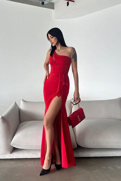 Deafox Rochie de seară roșie cu un singur umăr, cu detaliu transparent, din țesătură scuba