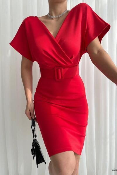 Deafox Rochie de scuba roșie cu guler cu curea dublu