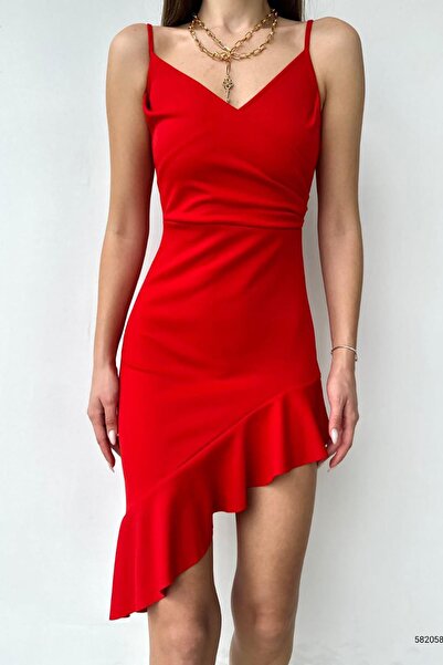 Deafox Red Thin Strap Crepe Fabric Skirt Asymmetrical Flywheel Detail Dress