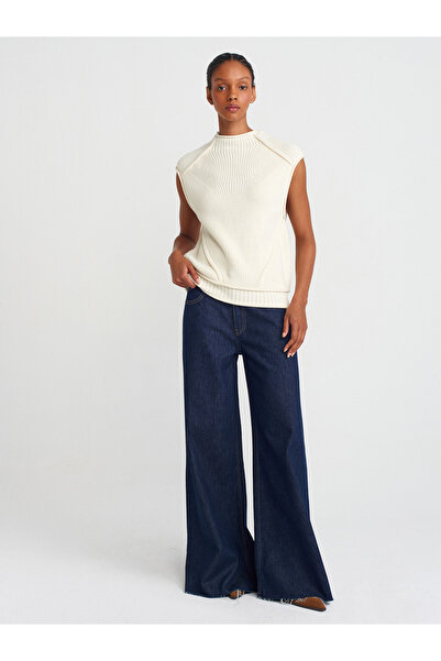 Dilvin 10669 Ecru Knitwear Sweater - Stand Collar and Stitching Knit Detail