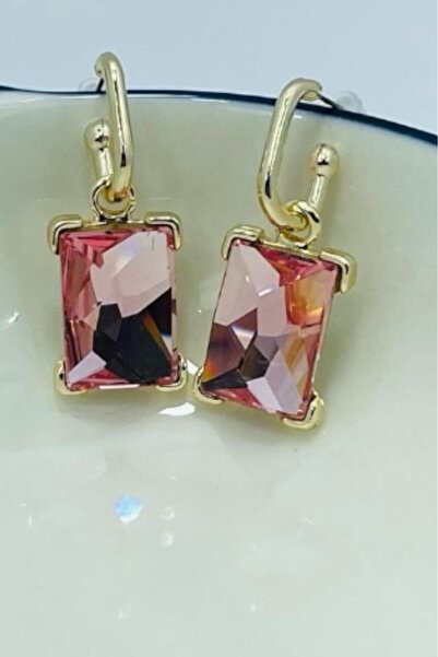 TRENDTAKI أقراط متدلية من حجر وردي ساوروسكي مطلية بالذهب 0101